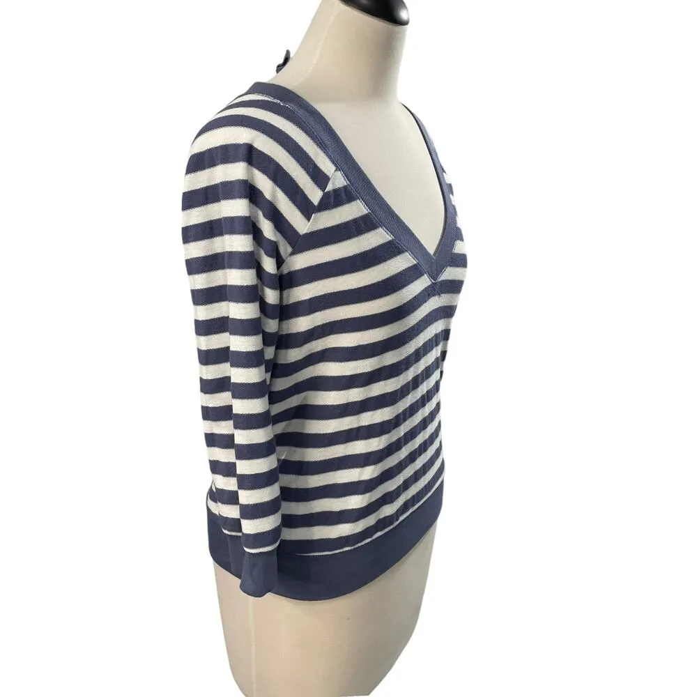 Splendid Size S Sweater Striped V Neck Exposed Zip Back Coastal Nautical Blue - Image 3