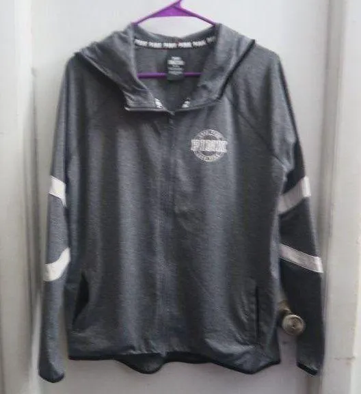PINK Victoria's Secret ultimate full zip sweater love pink in circle left chest with pockets thumb stripes on sleeves in gray - Image 1