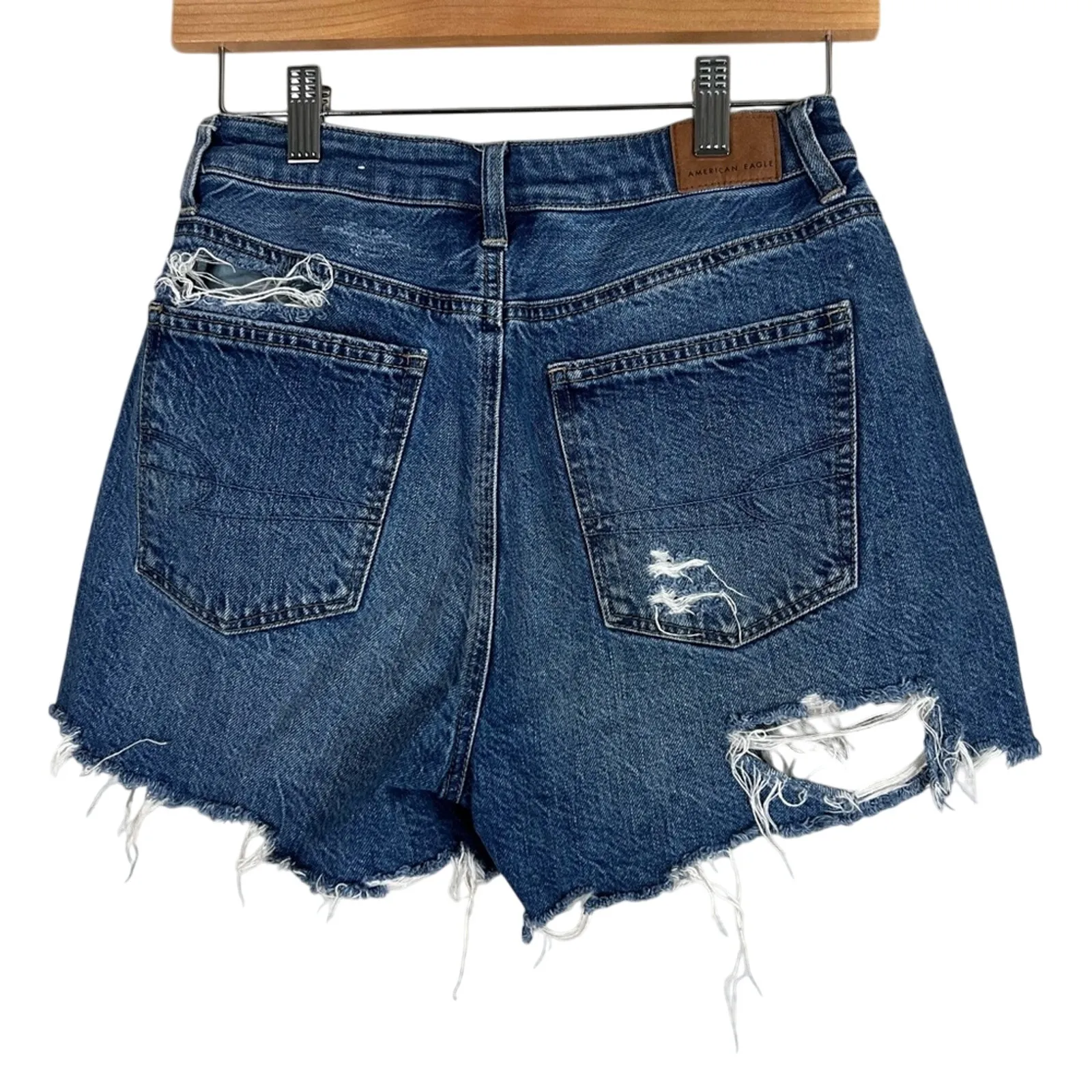 American Eagle Medium Wash Distressed Highest Rise Mom Shorts - Image 3
