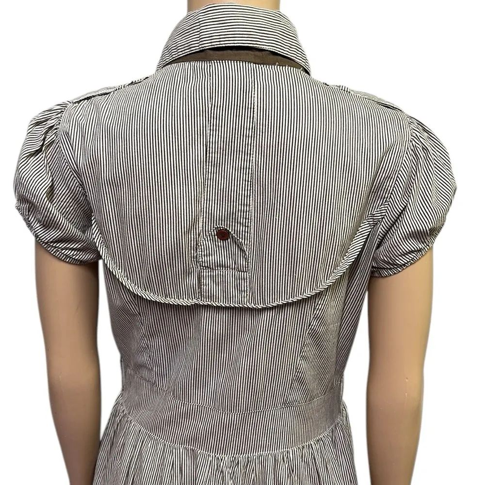 Dots Cotton Short Sleeve Bubble Hem Button Front Collared Striped Dress Small Brown - Image 8