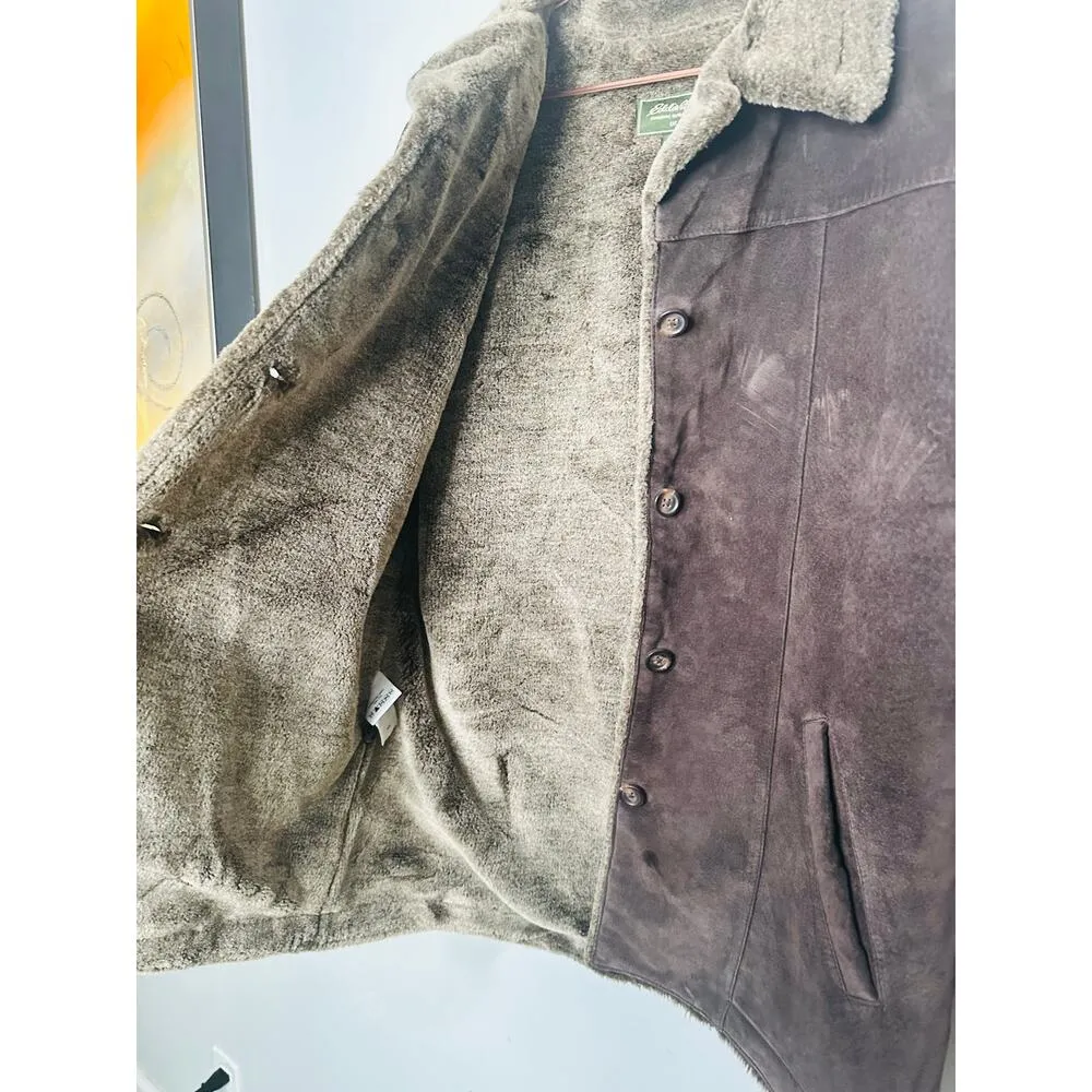 VINTAGE EDDIE BAUER Brown Faux Fur Lined Suede Leather Oversized Coat Size M - Image 5