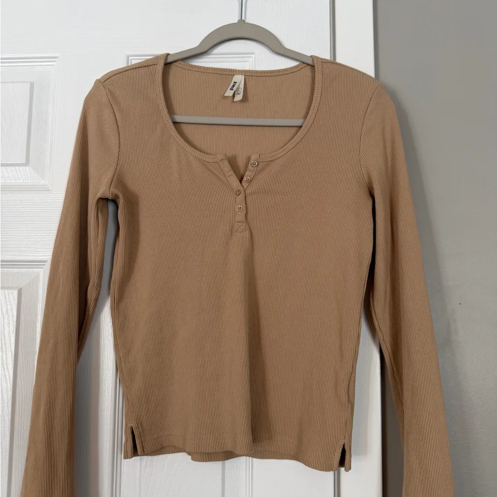 Pact Tan Nude Brown Long Sleeve Henley Half Button Thermal Top - Image 2