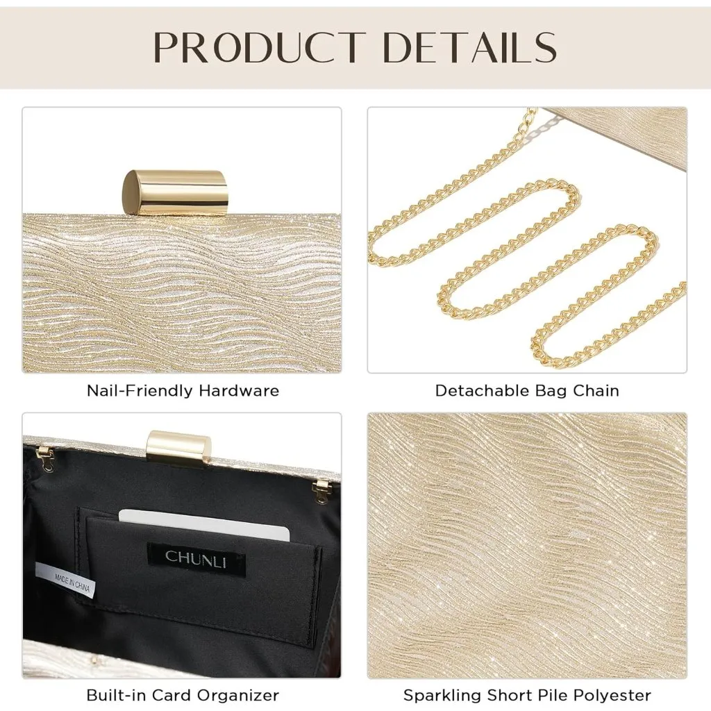 ⚡ Women's Detachable Chain Sparkly Evening Formal Parties Gold Clutch Bag - Image 7