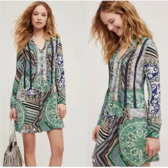 Anthropologie TINY Small Caviana Shirt Dress Green Boho Mixed Print Drop Waist - Image 2