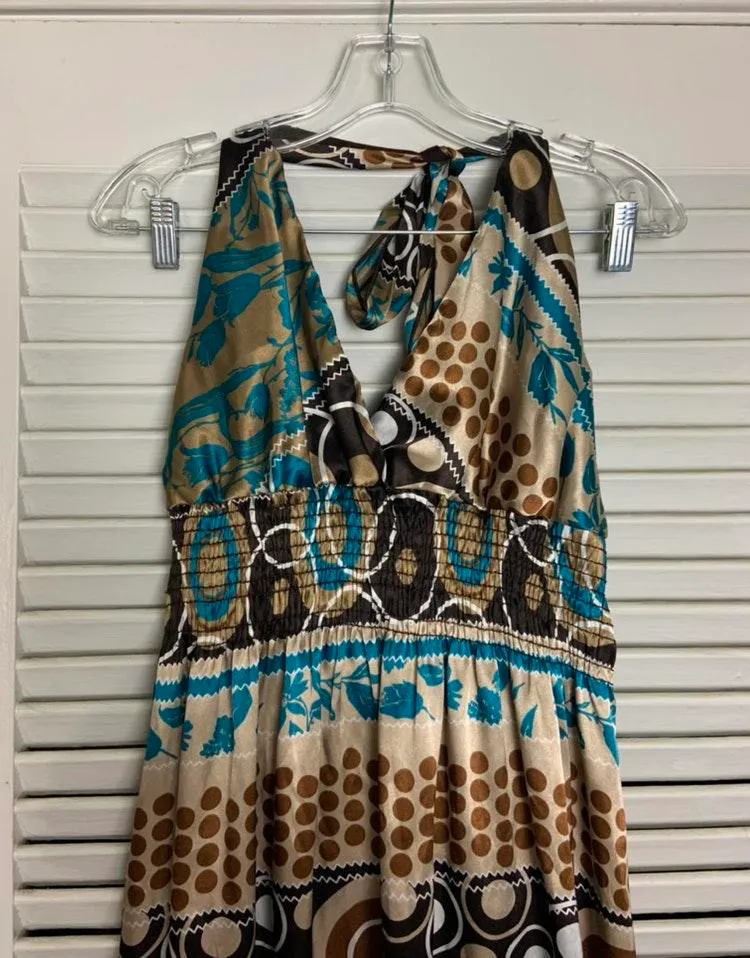1950s 16/18 handmade silky printed halter dress Brown Size 1X - Image 5