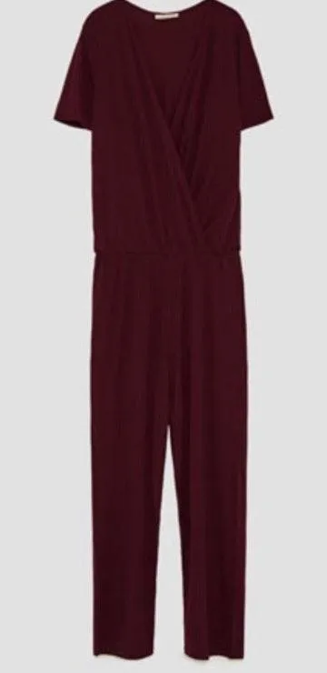 Burgundy Ribbed Short Sleeve Wrap Jumpsuit S - Image 4