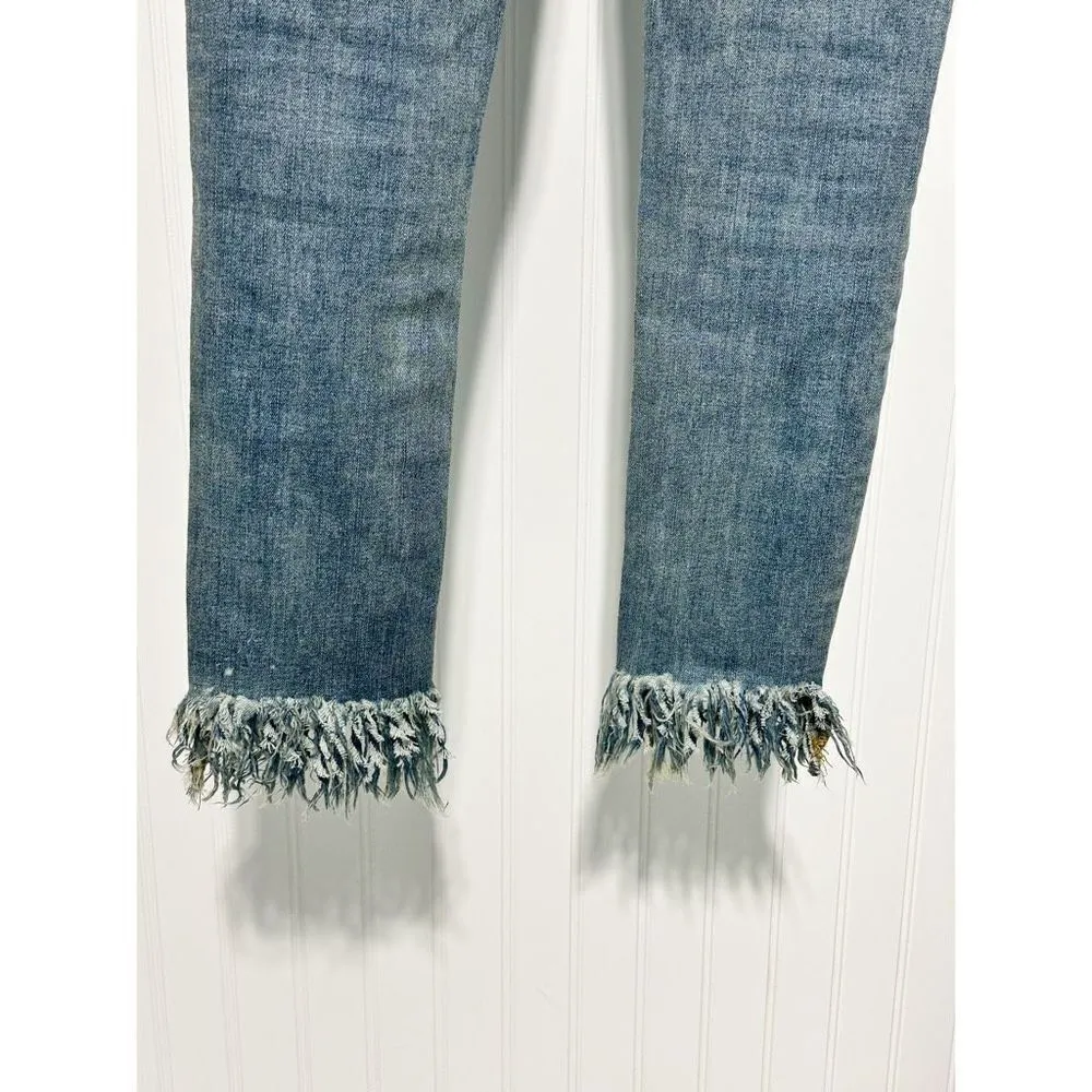 Free People Frayed Hem Distressed Mid Rise Skinny Jeans Blue‎ Stonewash Size 24 - Image 7
