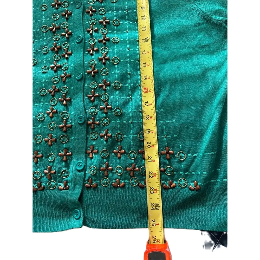 Norm Thompson Turquoise Floral Embroidered Button‎ Down Cardigan XL Green - Image 5