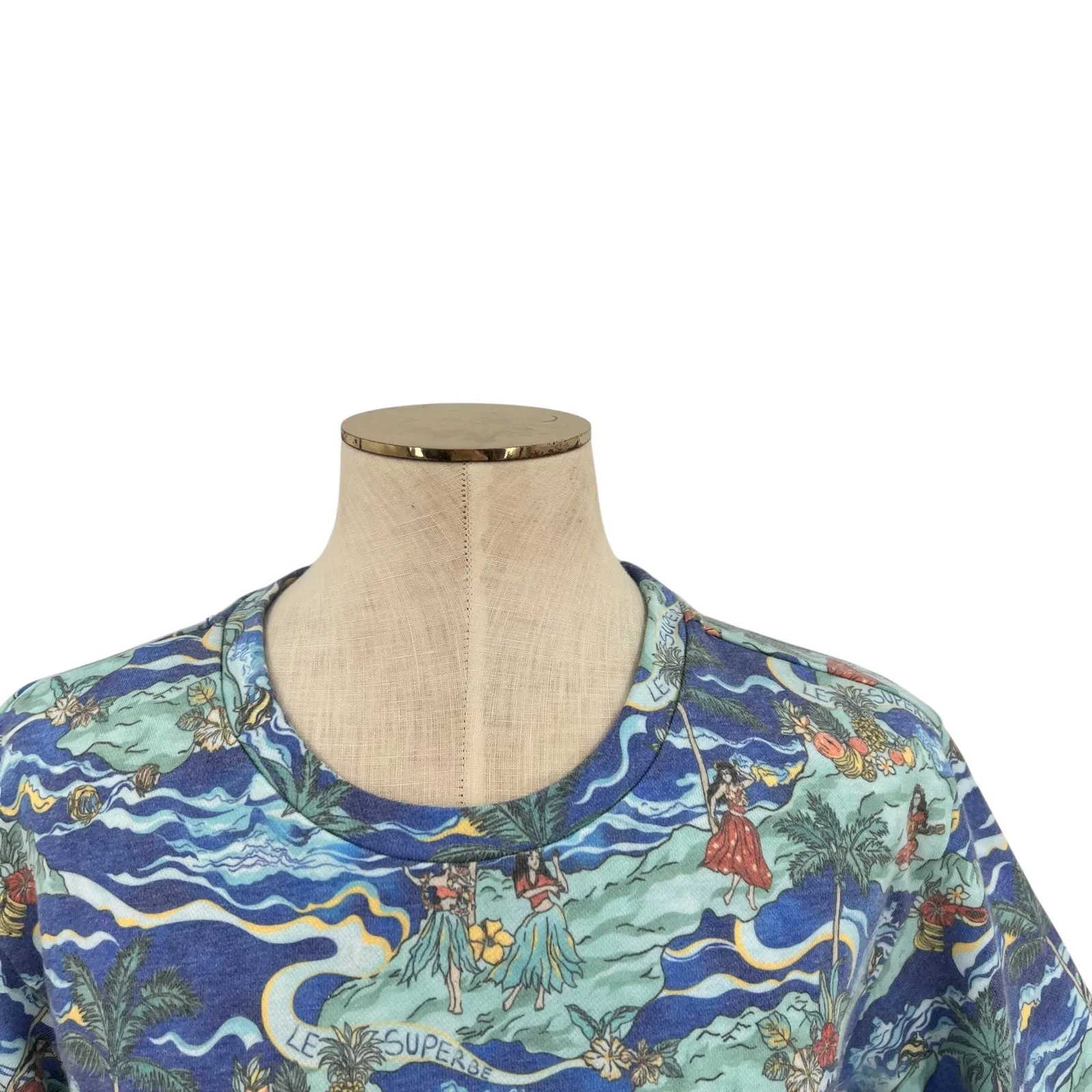 Le Superbe Fringed Tee Shirt Short‎ Sleeve Hawaiian Print Blue Size Small - Image 4