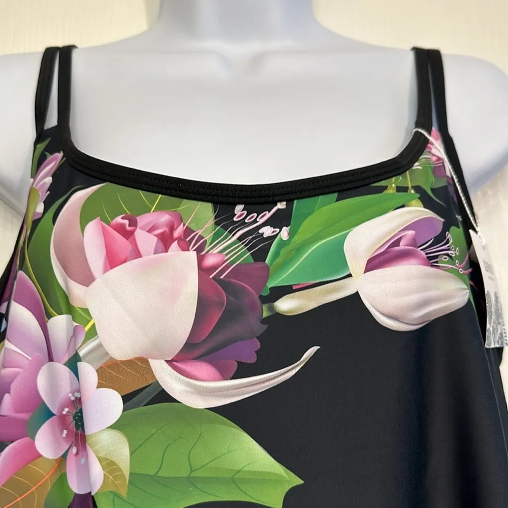 Women's Black Swimsuit Tank Top & Boy Shorts Floral Orchid Size Med NWT #7121 - Image 5