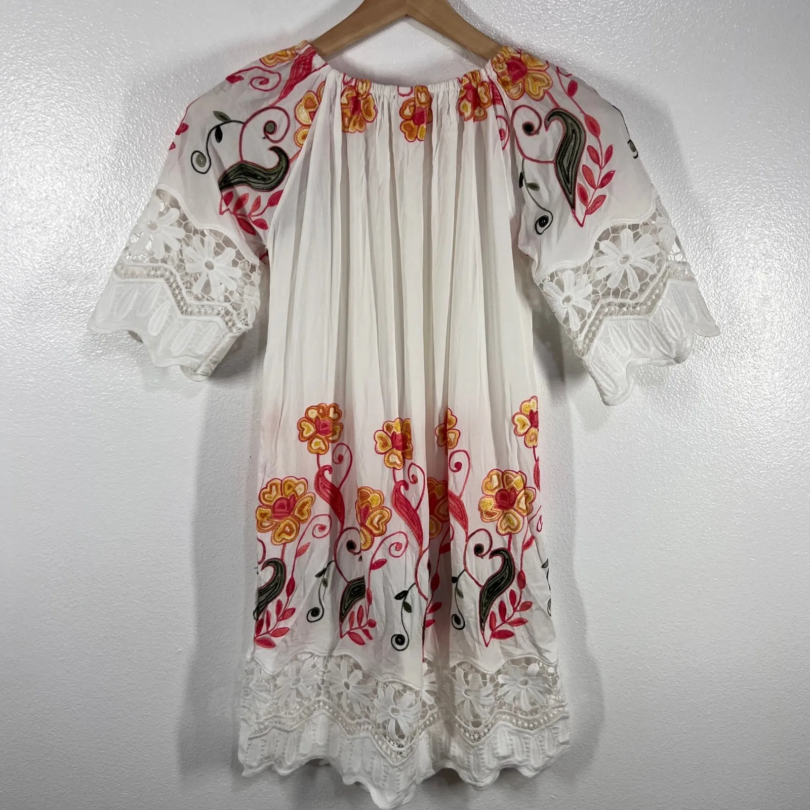 Gael Collection‎ Embroidered Floral Peasant Dress Lace Trim Bohemian Unitalla White Size M - Image 2