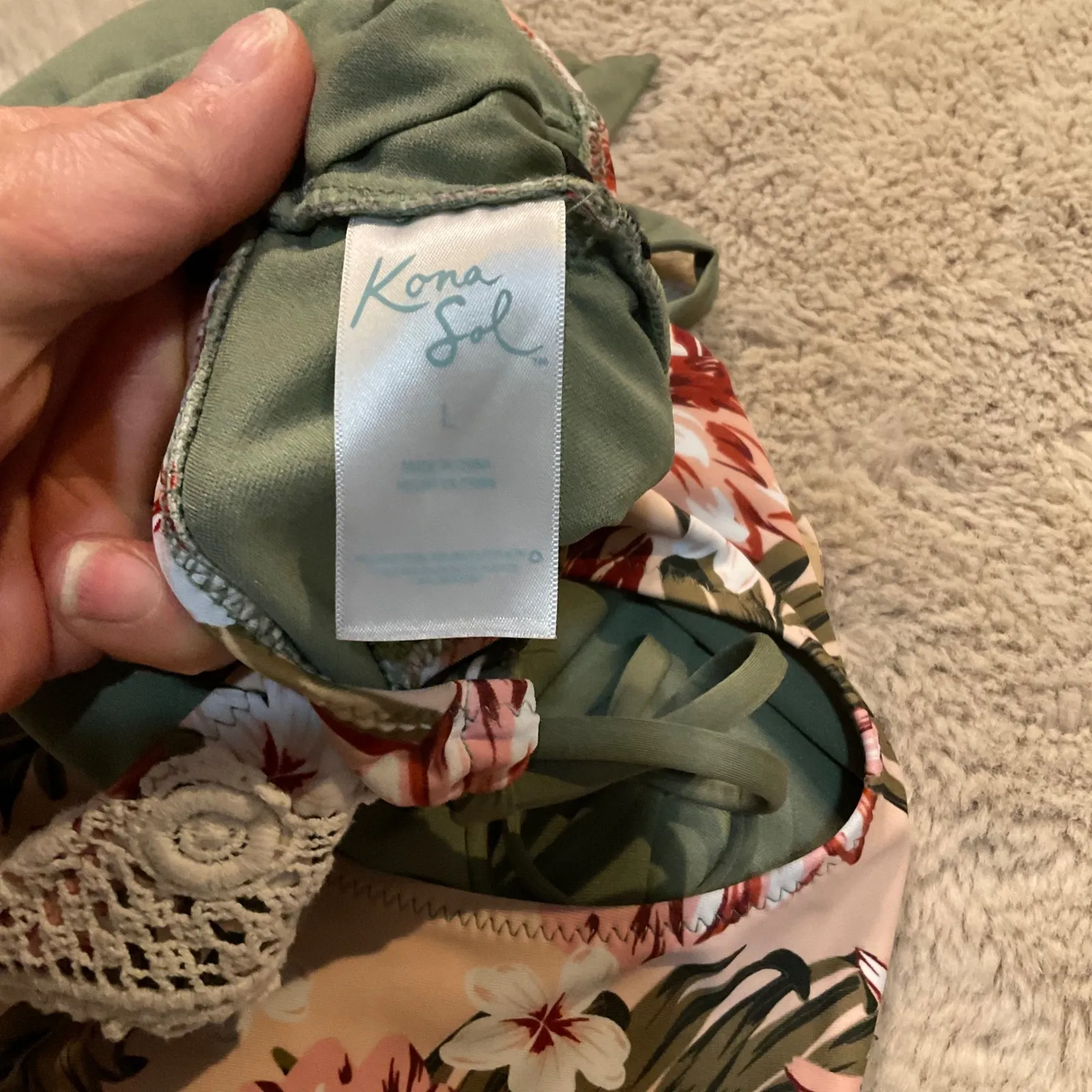 Kona Sol‎ Swimsuit Size Large One Piece Floral Knit Plunge Detail Pink Neutral - Image 7