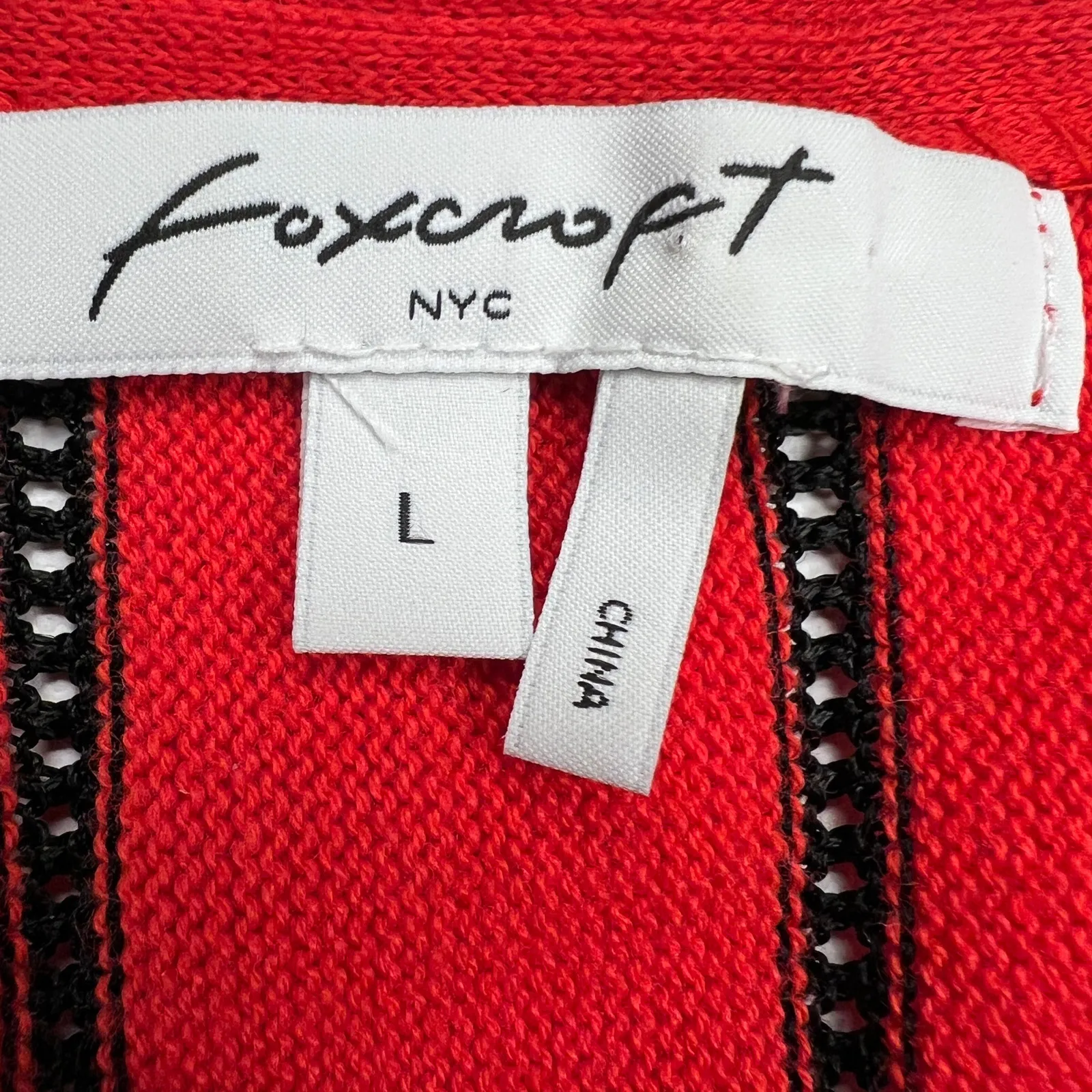 Foxcroft Affina Pointelle Stitch Knit Bell Sleeve Sweater Red Black Size L - Image 4