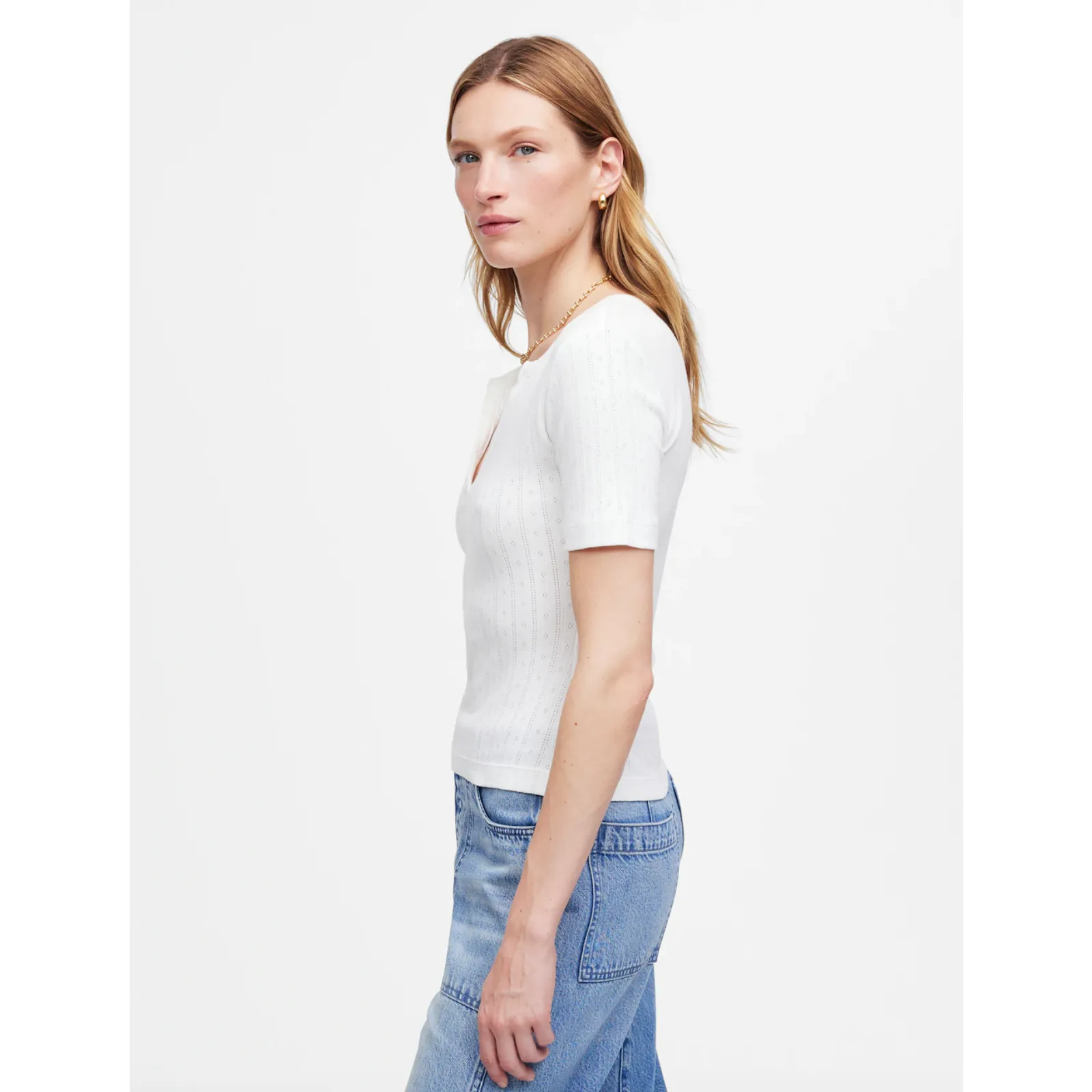 Madewell Pointelle Notch Neck Tee Shirt Cotton White Basics Casual Small NWT - Image 3