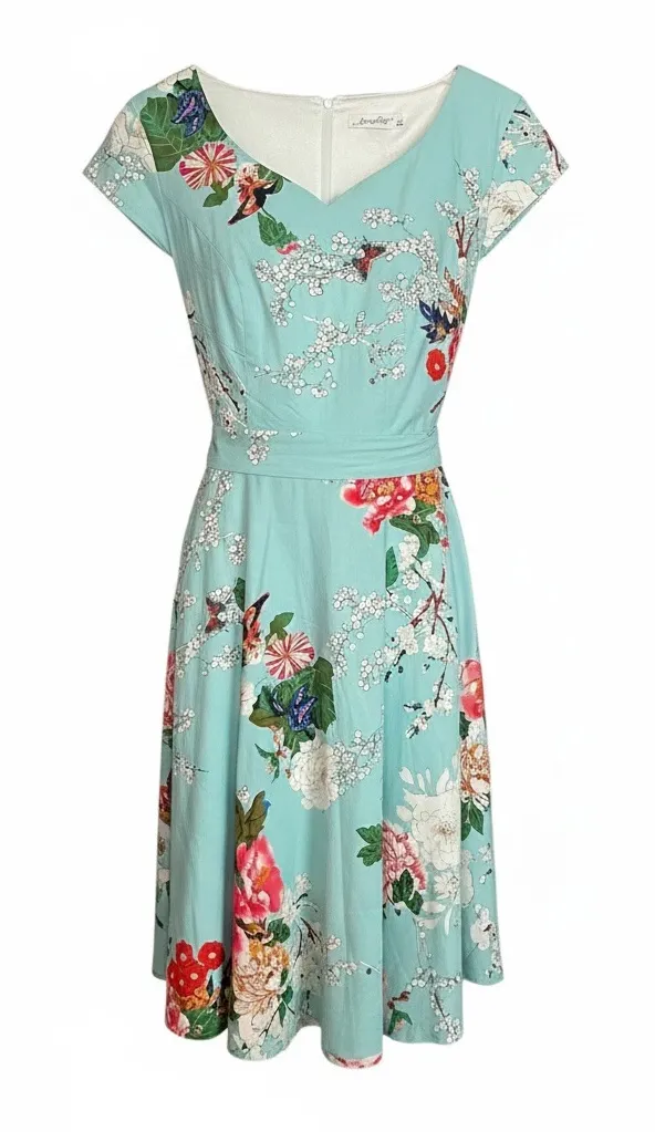 Floral Midi Dress in Aqua by Collectif Blue Size XL - Image 1