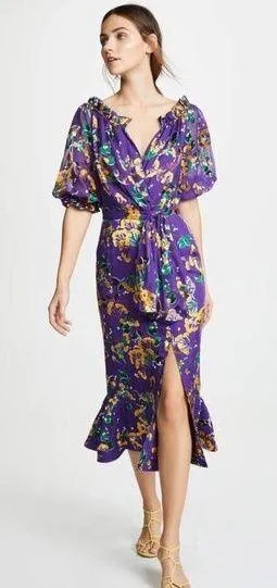 💕SALONI💕 Olivia Floral Printed Silk Midi Dress ~ Violet Sweetpeas US 4 Purple - Image 1