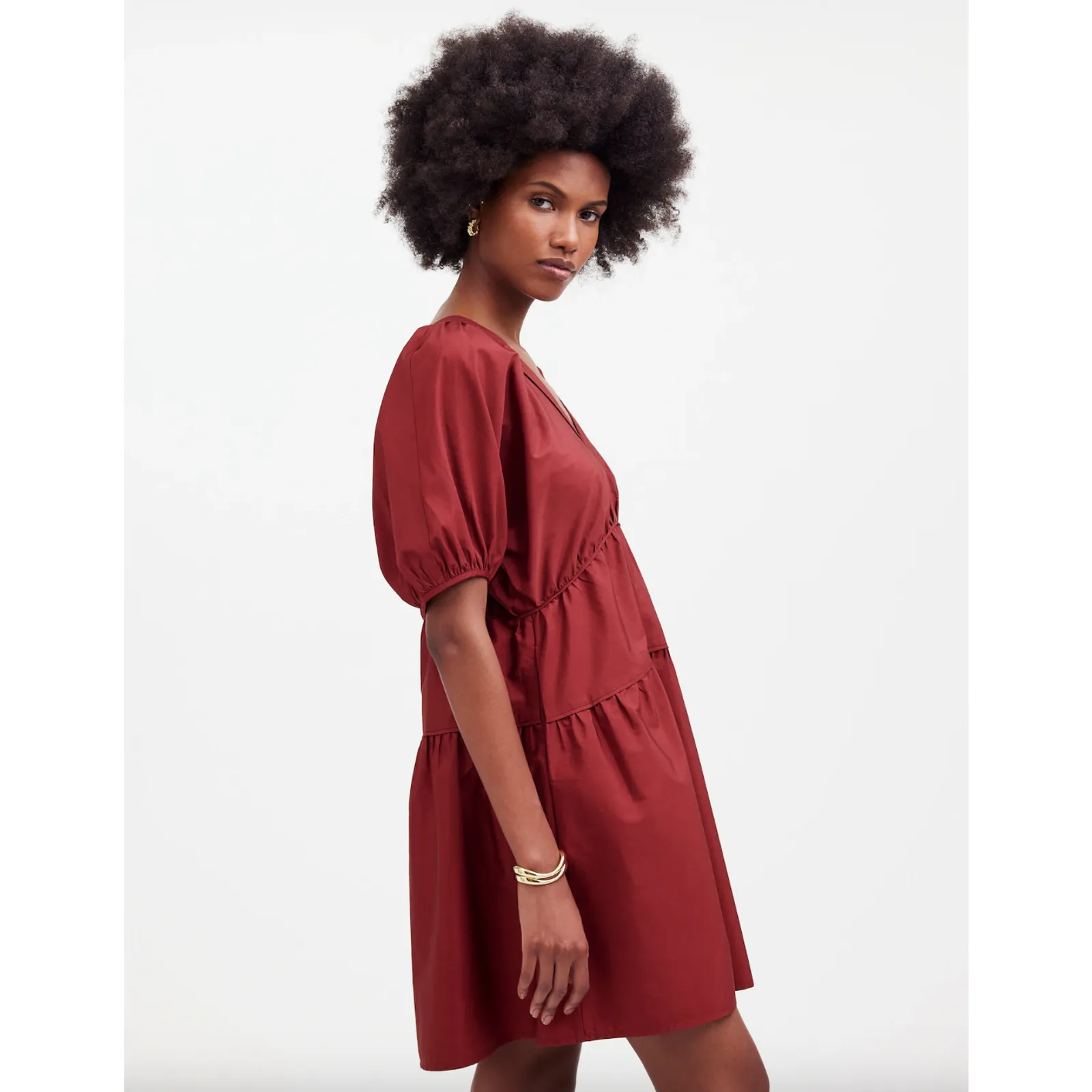 Madewell Puff Sleeve Mini Dress Poplin Claret Burgundy A Line Pockets Large - Image 4