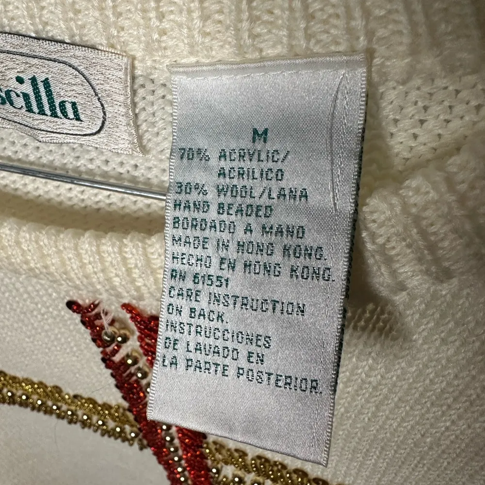 Vintage VTG 80s 90s Cream rainbow sequined Crew Neck Sweater Decorative Trim Pink Size M - Image 3