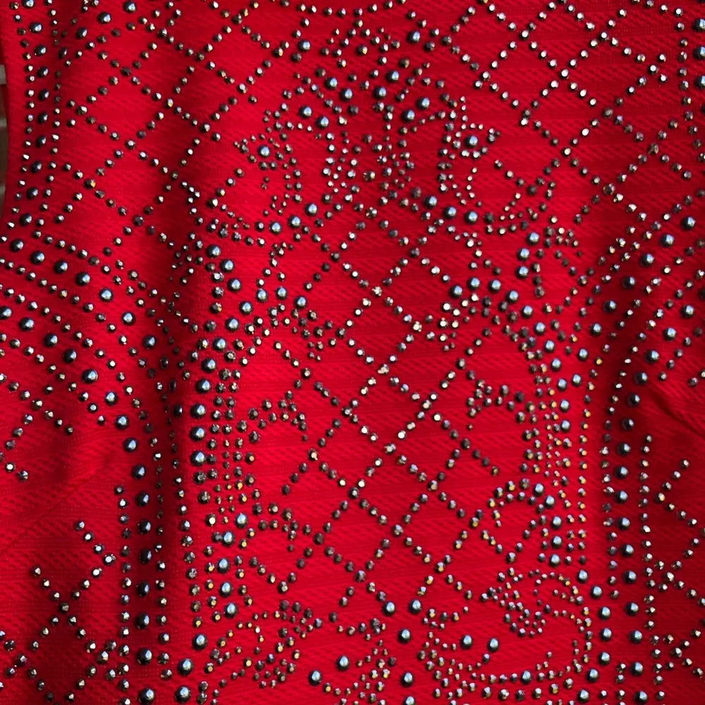 Bebe Jeweled & Beaded red sleeveless fitted high neck Mini Dress Size Medium - Image 7