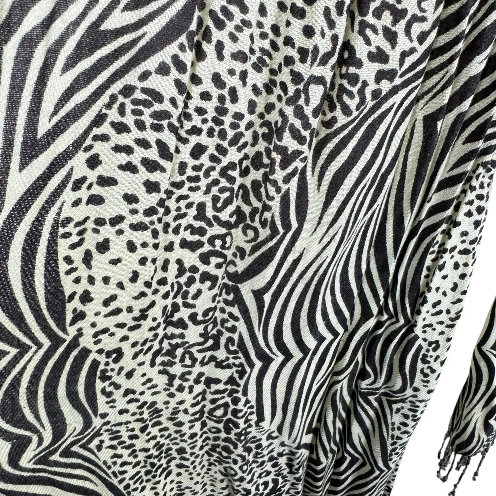 Black Cream Leopard Zebra Fringe 100% Viscose Lightweight Blanket Scarf - Image 2
