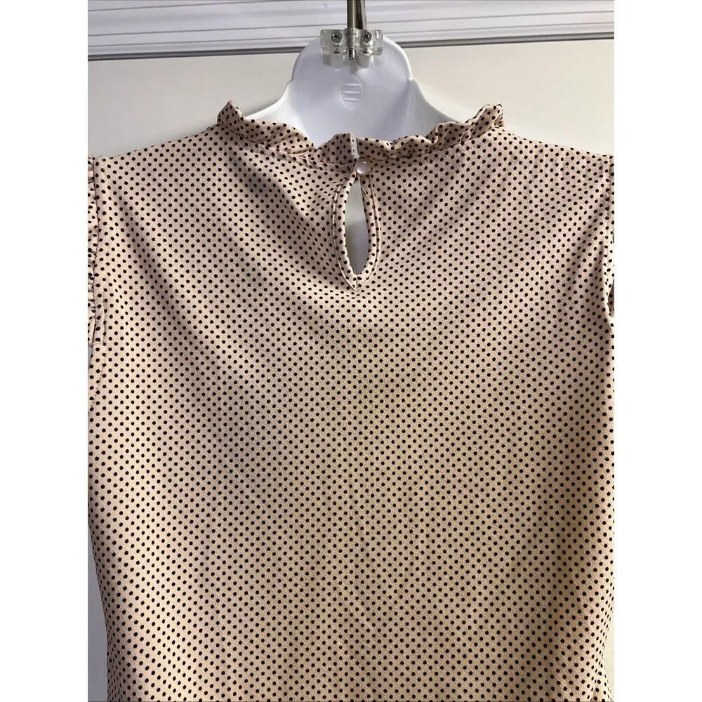 Adrianna Papell Light Pink Black Polka Dot Sleeveless Ruffle High Neck Top-Small - Image 7