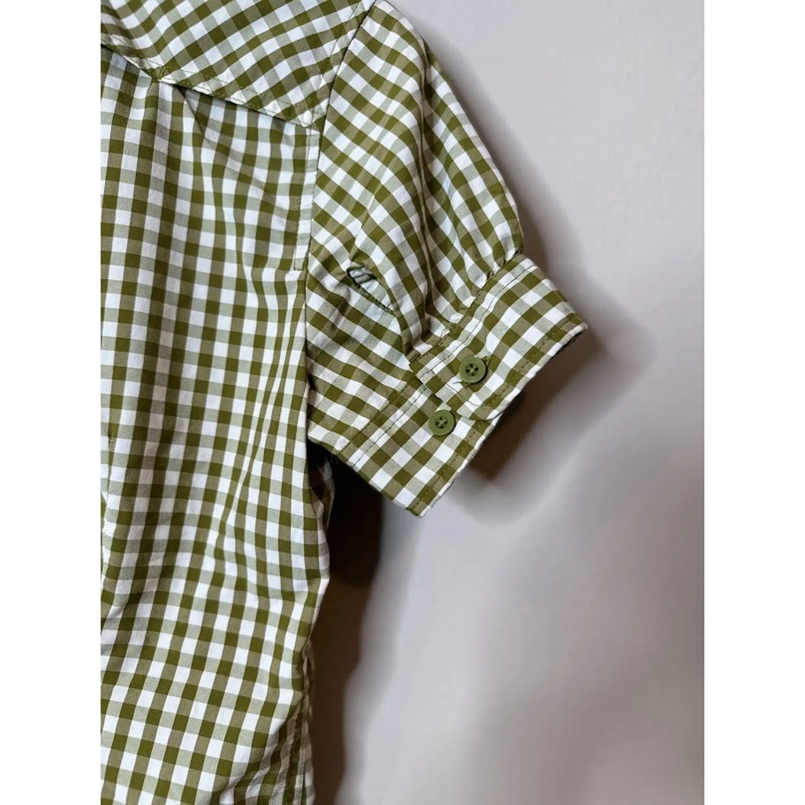 North Face Green Gingham Plaid Side Cinch Button Up Nylon Shirt Short Sleeve S - Image 6