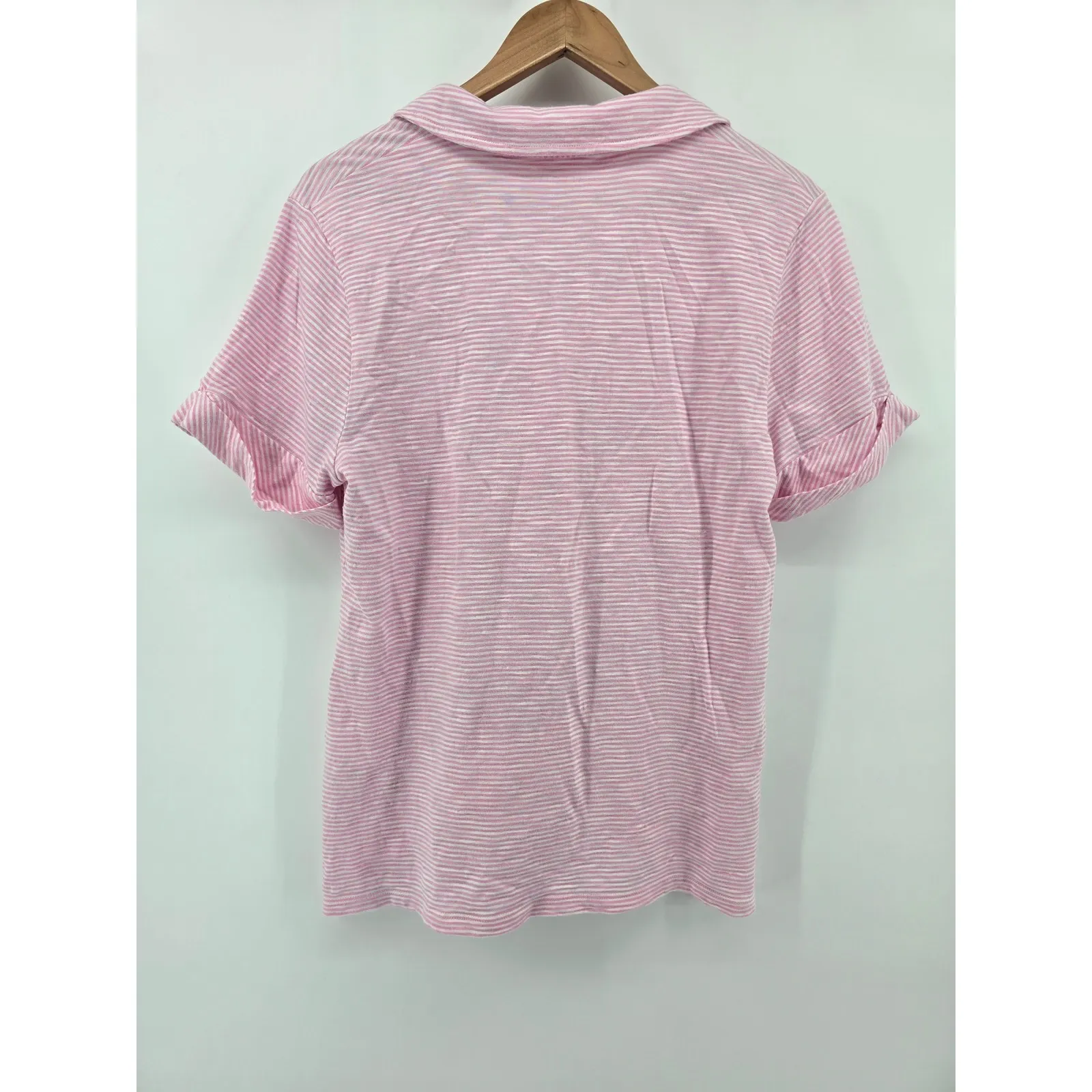 Talbots Pink White Striped V Neck Short Sleeve Polo Shirt Top Womens Size Large - Image 3