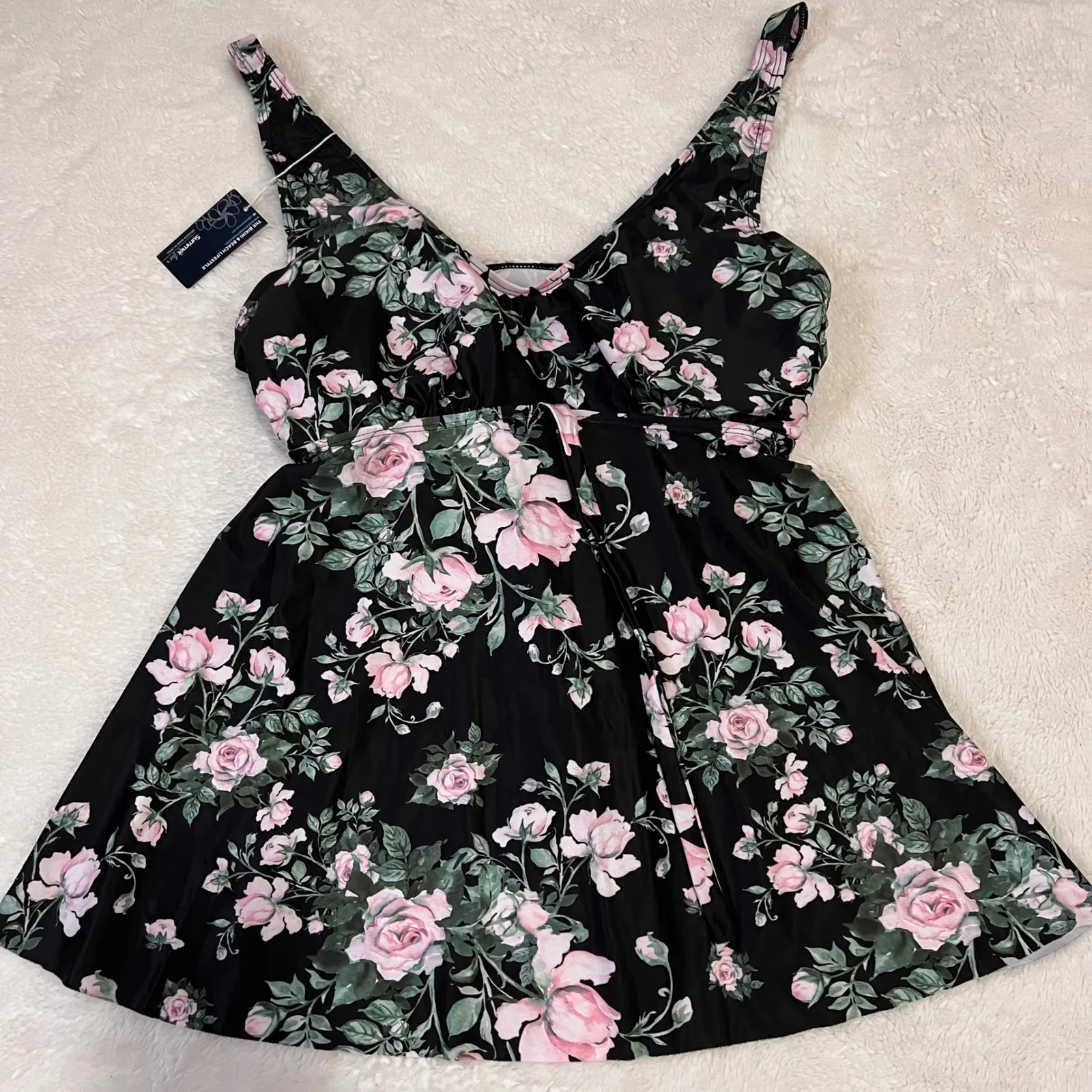 Summer Mae Black Floral Rose Print Swim Dress Tunic Flounce Skirt Size 16 NWT - Image 3