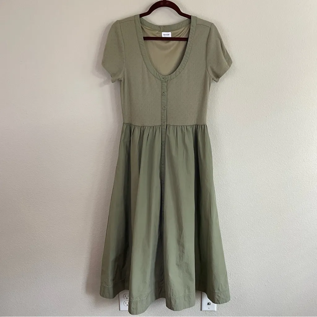 AUREUM Pointelle Knit Shirt Midi Dress Olive Green Size Medium Cottagecore‎ - Image 3