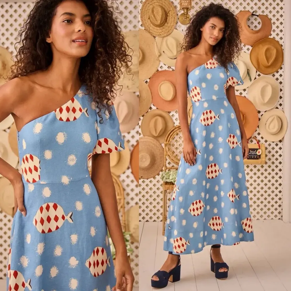 Hunter Bell Carmen One-Shoulder Linen Midi Dress Fish Print Size 0 NWT - Image 3