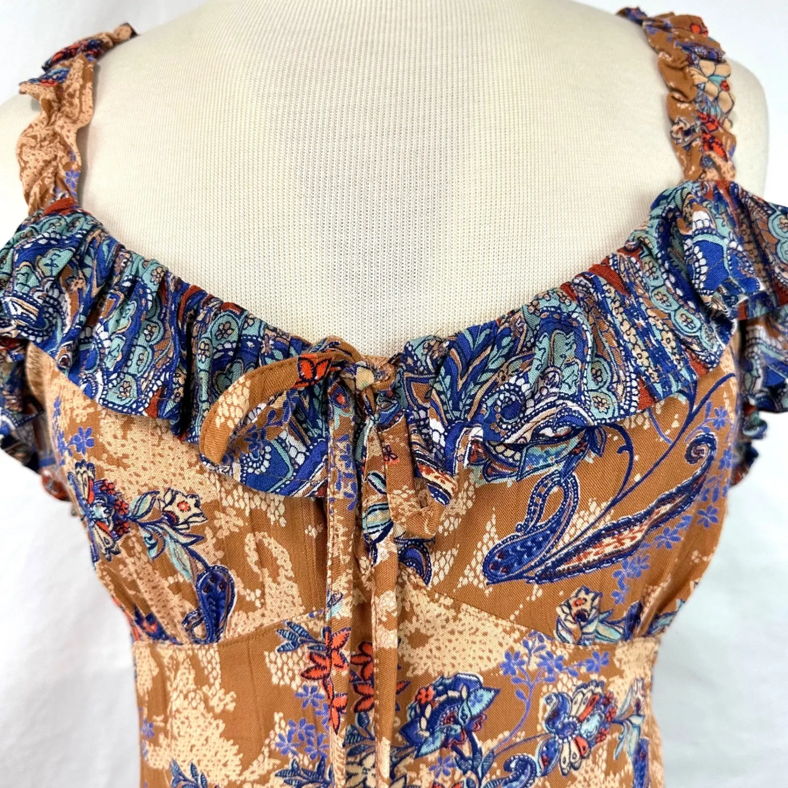 ANGIE Paisley Floral Babydoll Ruffles Sleeveless Mini Dress Orange Blue Womens M - Image 2