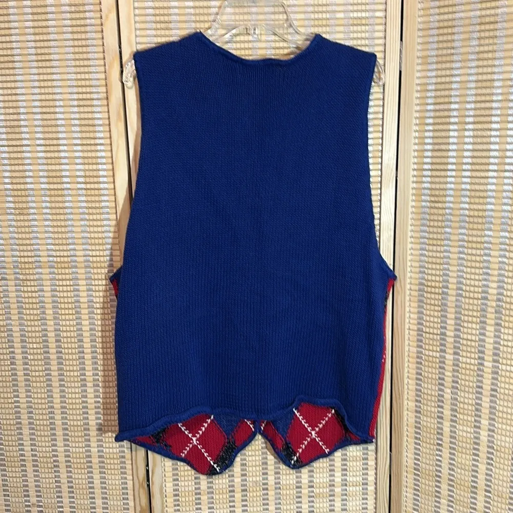 Bechamel Casual Vintage 1990s Blue Red Argyle Plaid Sweater Vest Large - Image 11
