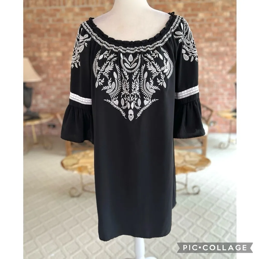 Charter Club Spring Horizon Dress Embroidered Black S Bell Sleeve Boho Party Mod - Image 2
