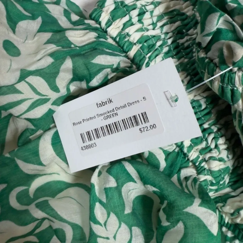Fabrik Smocked Green and White Floral Ruffle Dress Small - Image 9