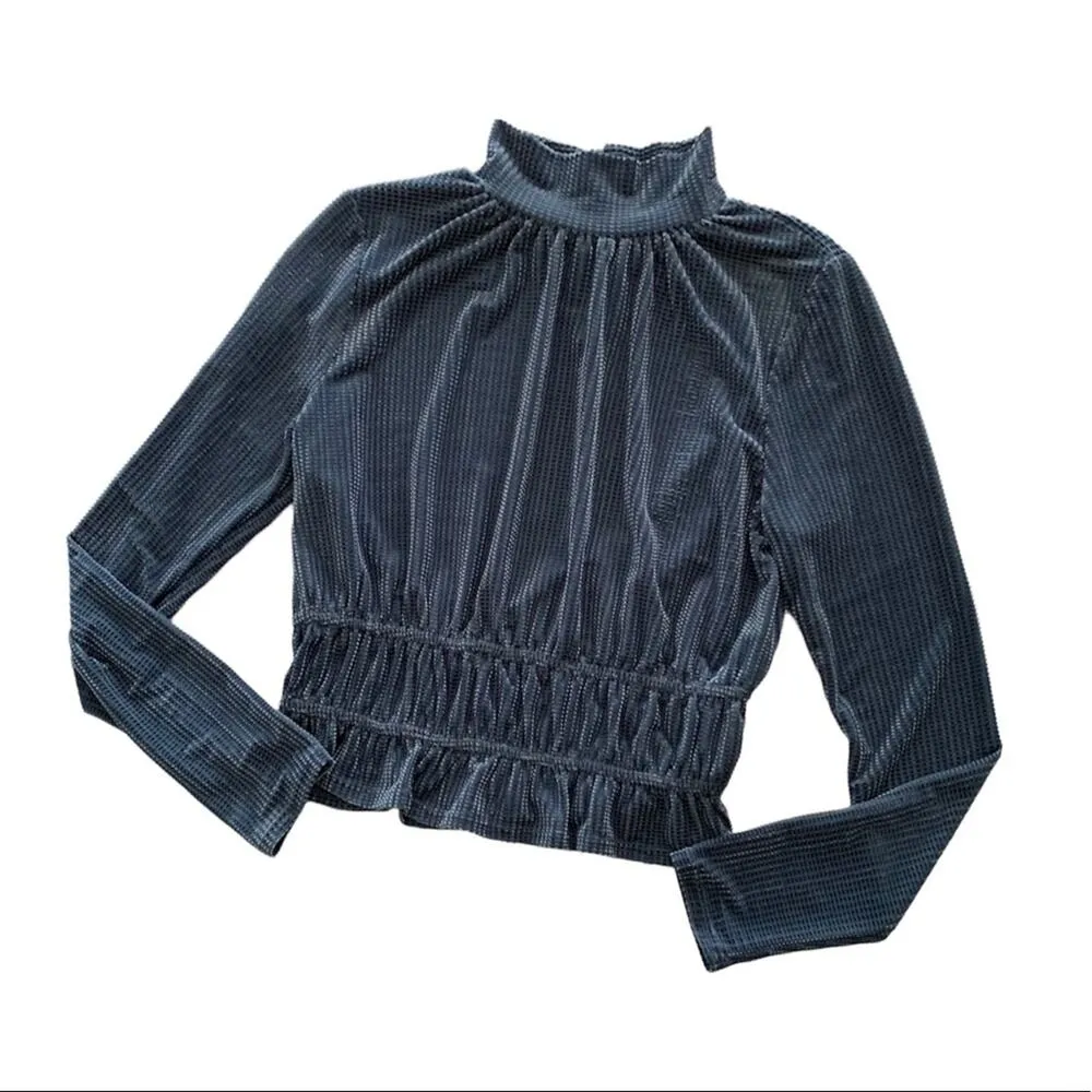 Lost + Wander Women's Blue High Neck Long Sleeve Velvet Top Medium - Image 2