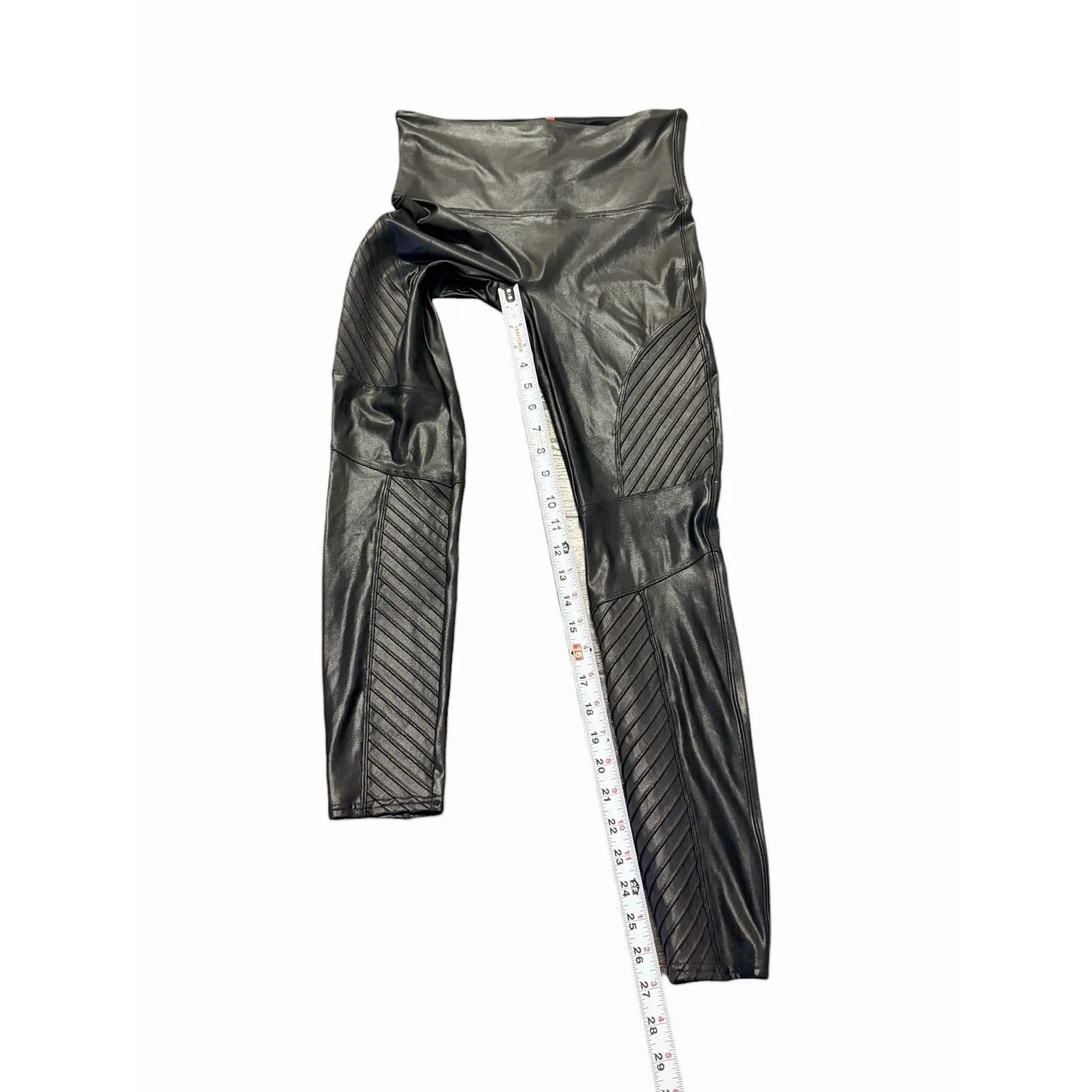 Spanx Womens Moto Leggings L Faux Leather Quilted Panels Black High Rise Stretch - Image 4