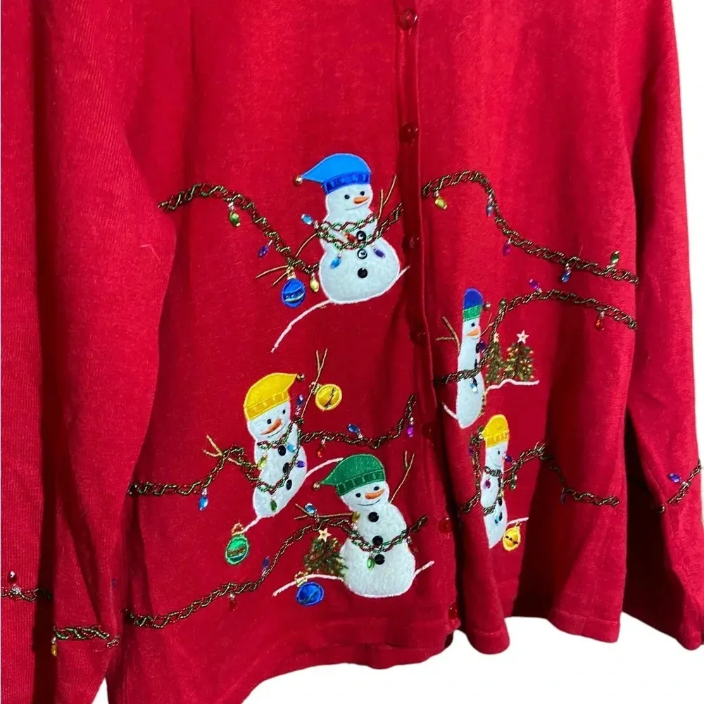 Vintage Christmas Snowman Snowmen Holiday Winter Button Up Cardigan Size Medium Red - Image 3