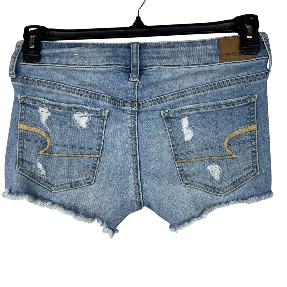 American Eagle SZ 4 Shortie Jean Shorts Distressed Frayed Hems Stretch Low-Rise - Image 3