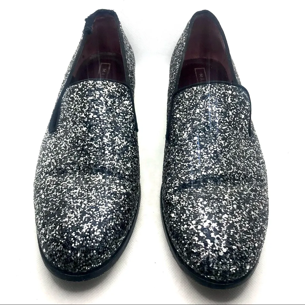MARC JACOBS BLACK & SILVER GLITTER "ZOE"  LEATHER & FABRIC LOAFER SHOES (38.5) - Image 5