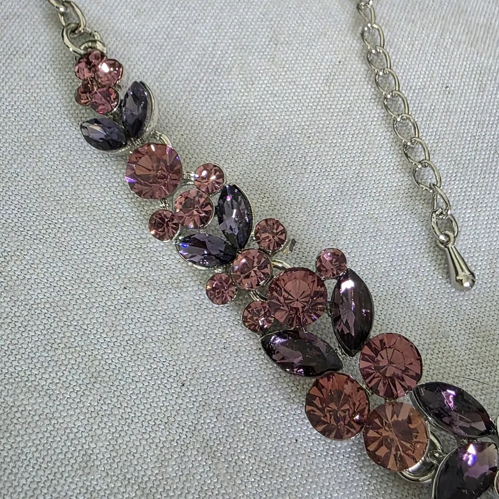 Statement Silver Purple and Pink Crystal Necklace and Earrings Set - Image 3