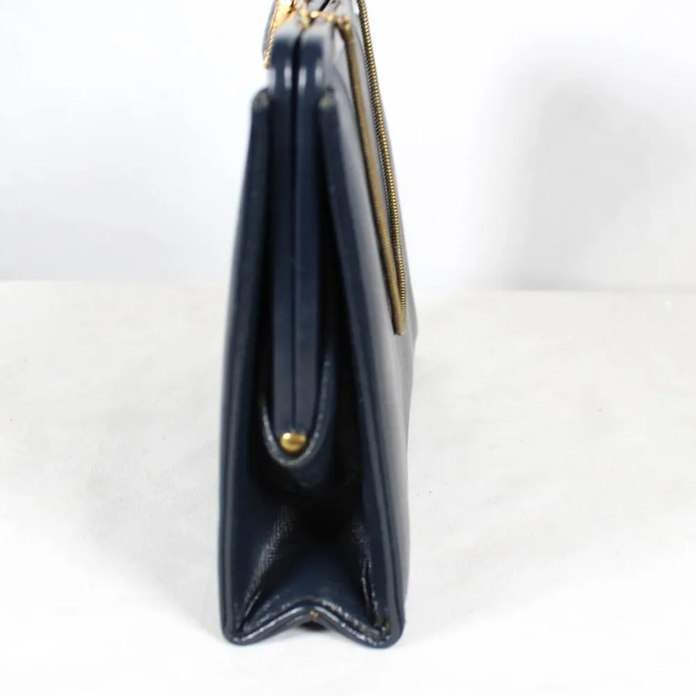 Vintage 1950s Navy Faux Leather Handbag with Art Deco Latch & Metal Chain Blue - Image 11