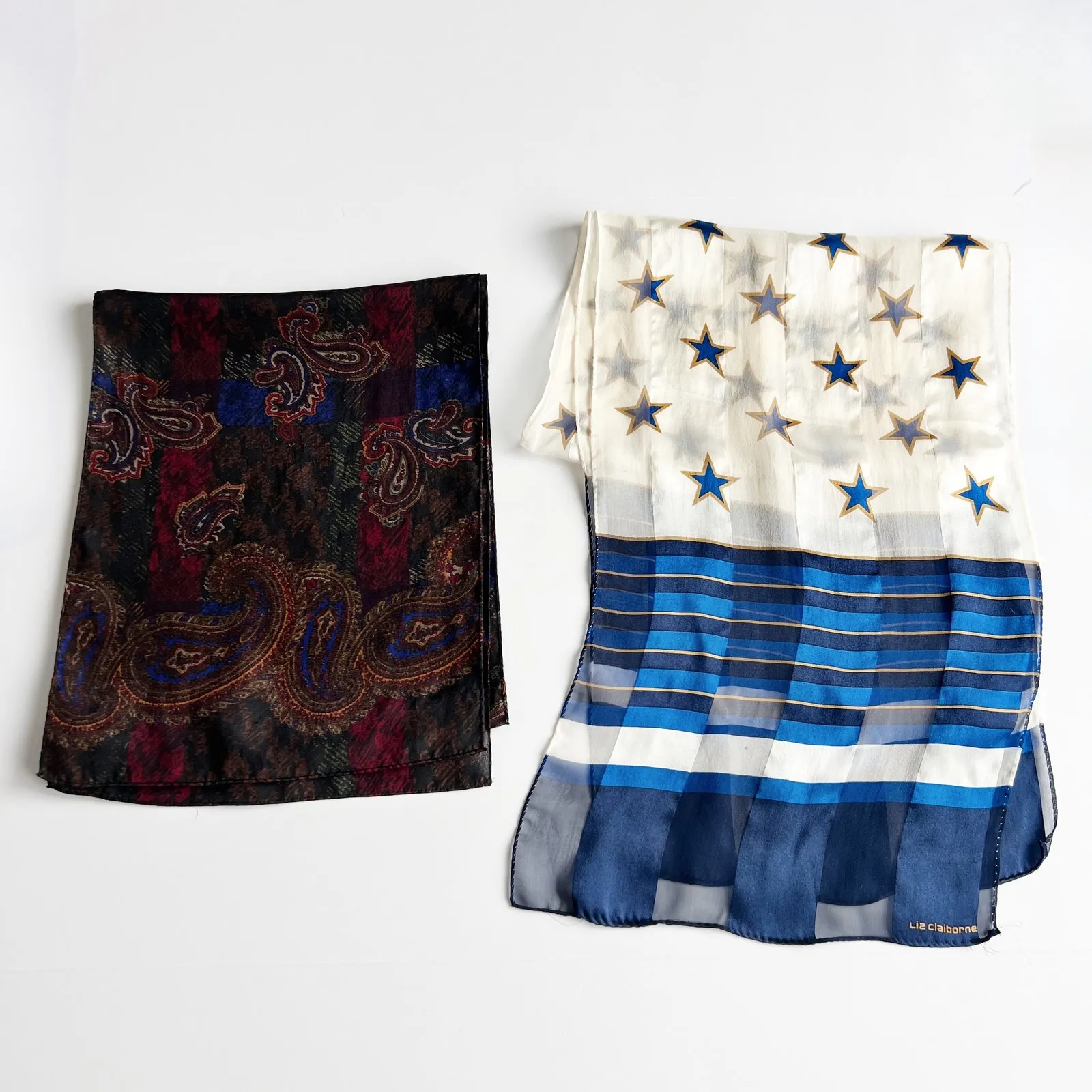 [Vintage] 80s Liz Claiborne Silk Scarves Stars Stripes Paisley Print Purse Scarf Blue - Image 6