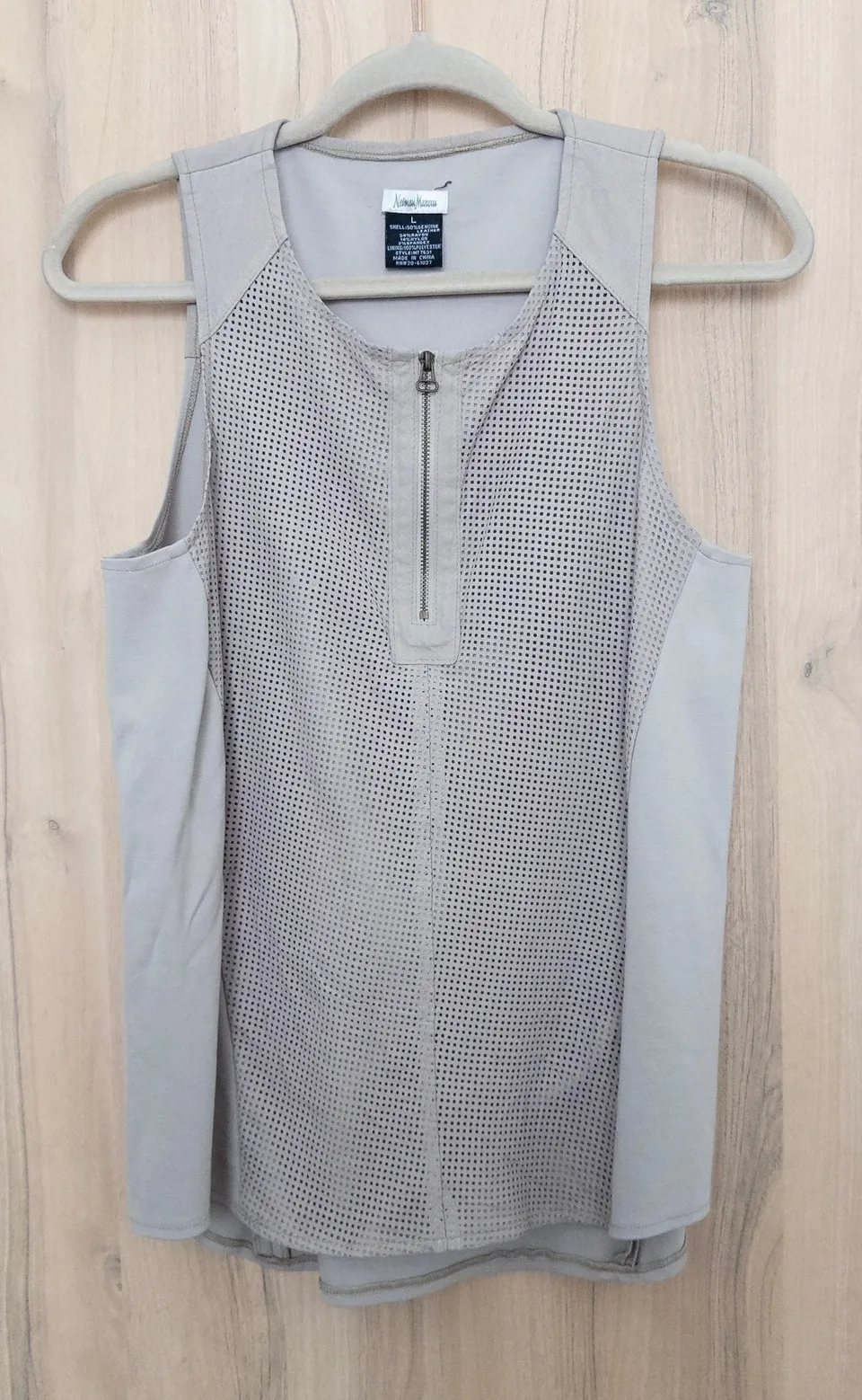 Neiman Marcus Women Leather Top Size L Beige Mesh Zip Minimalist Chic Quiet Luxe - Image 1