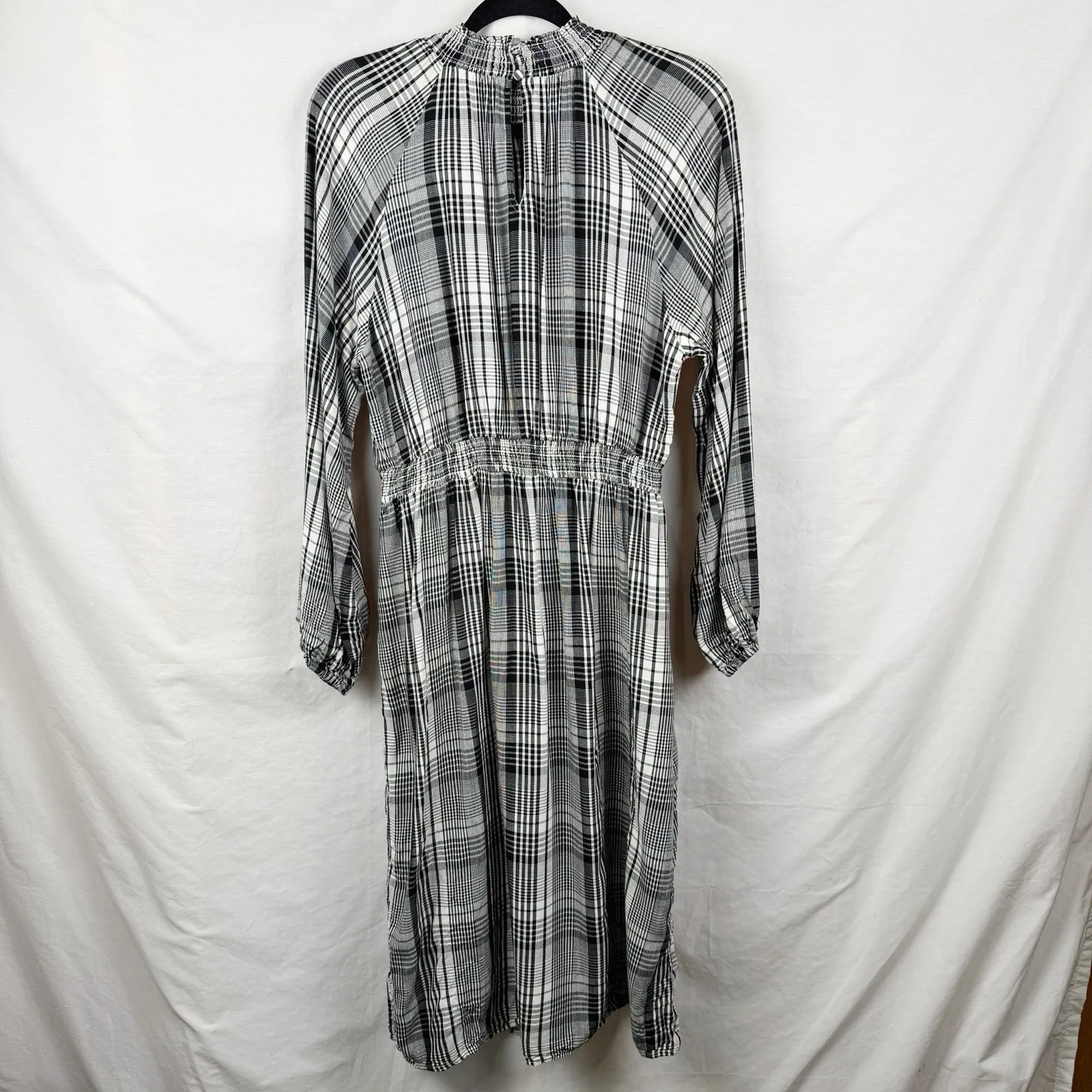 A New Day Smocked Plaid Long Sleeve Midi Dress Womens M Black White Rayon - Image 8