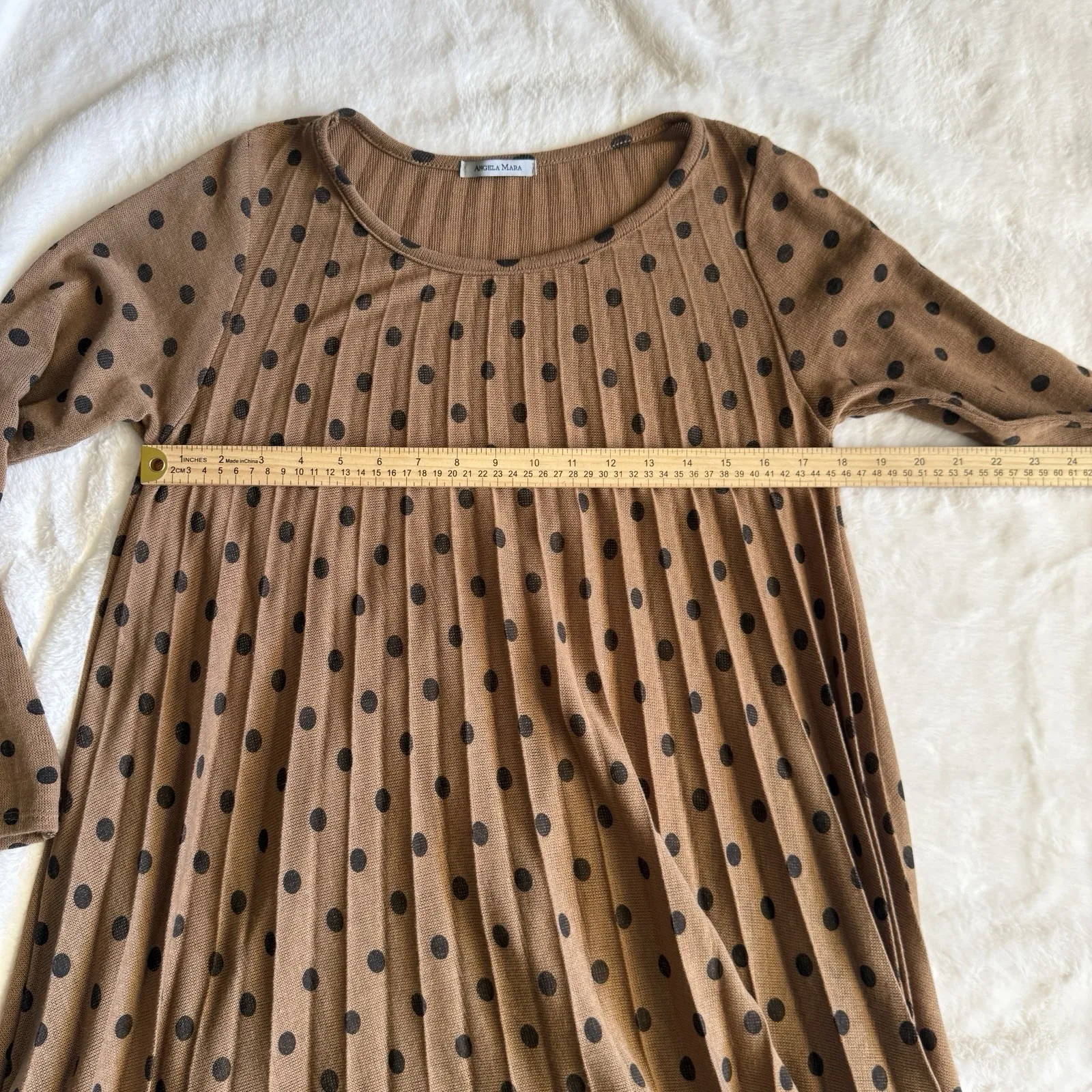 Angela Mara Polka Dot Womens Dress Medium Brown Long Sleeve Round Neck Dress Gray - Image 8