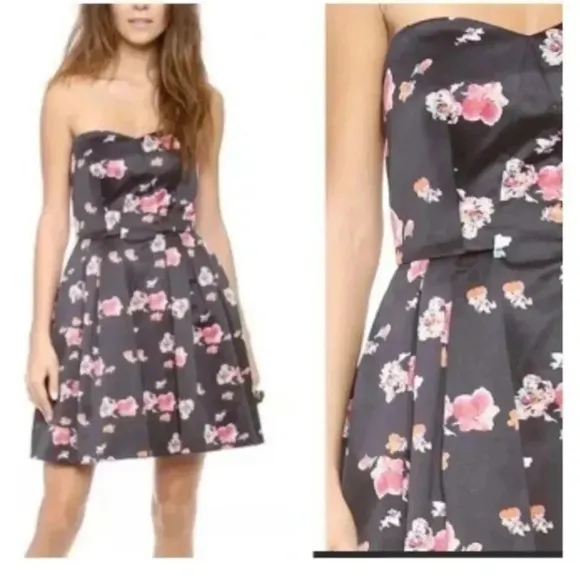 Jill Stewart | Black Floral Satin Strapless Sweetheart Neckline Cocktail Size 6 - Image 2