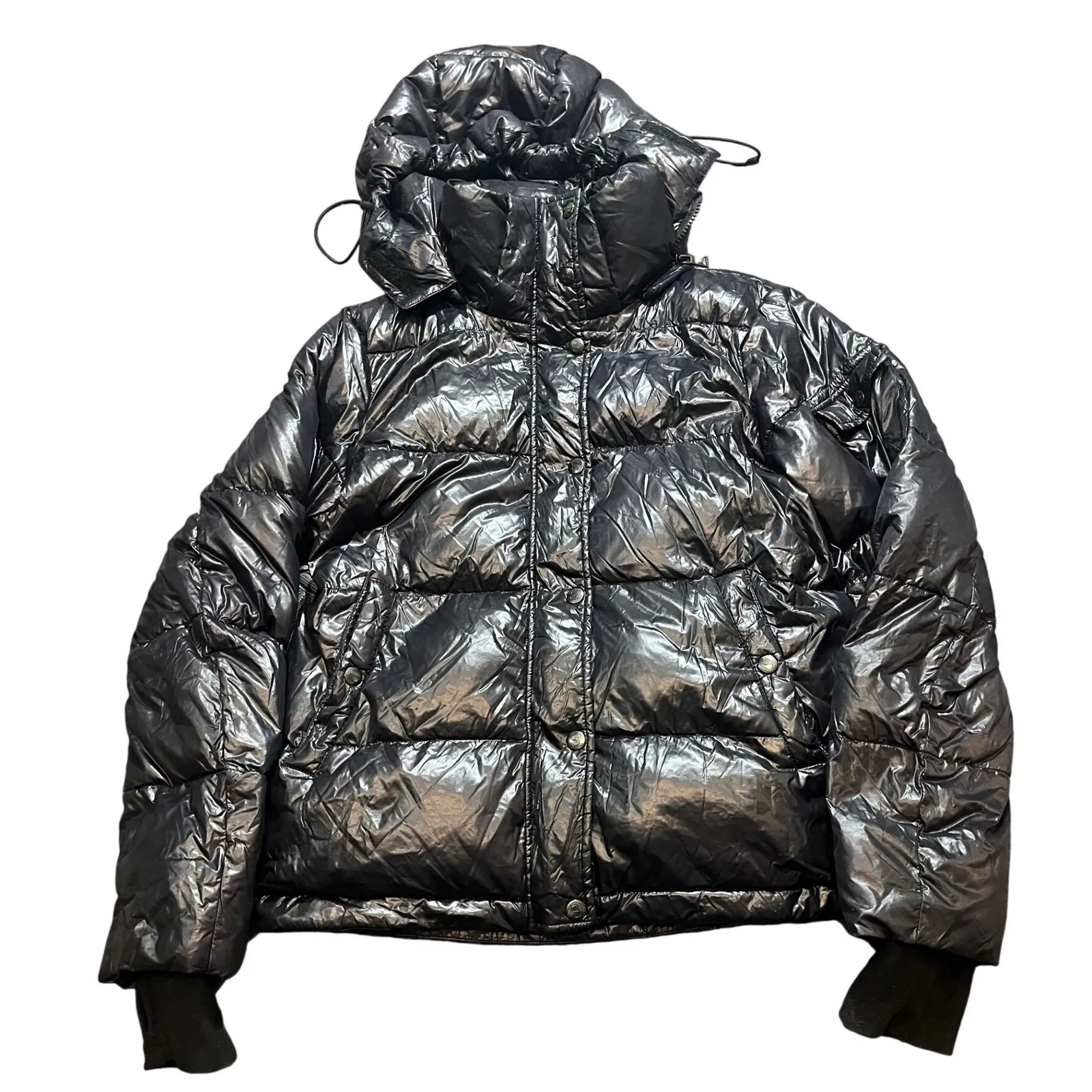 S13 New York Jacket Shiny Black Hooded Puffer Down Full Zip Quilted Womens Med - Image 1
