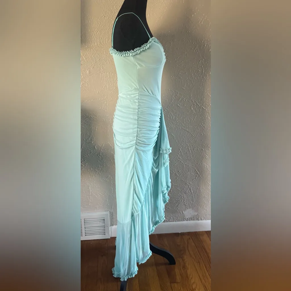 🫧Vivianixa Spaghetti Strap Mesh Dress with Ruffle Front Slit🫧 ~Medium NWOT Green - Image 5