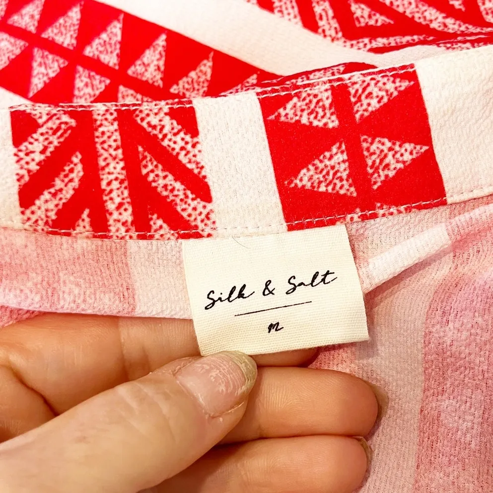 Silk & Salt V Neck Aztec Long Sleeve Midi Dress Red White Medium - Image 3