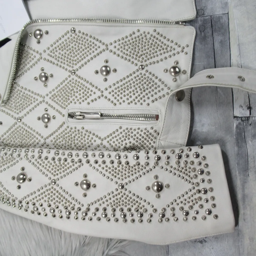 NOUR HAMMOUR White Studded Lambskin Leather Moto Jacket Women's 42 US Size 10 - Image 6